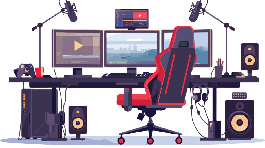 Cartoon illustration of a desk with 3 monitors, a game controller, microphones, speakers, and a computer underneath the desk.