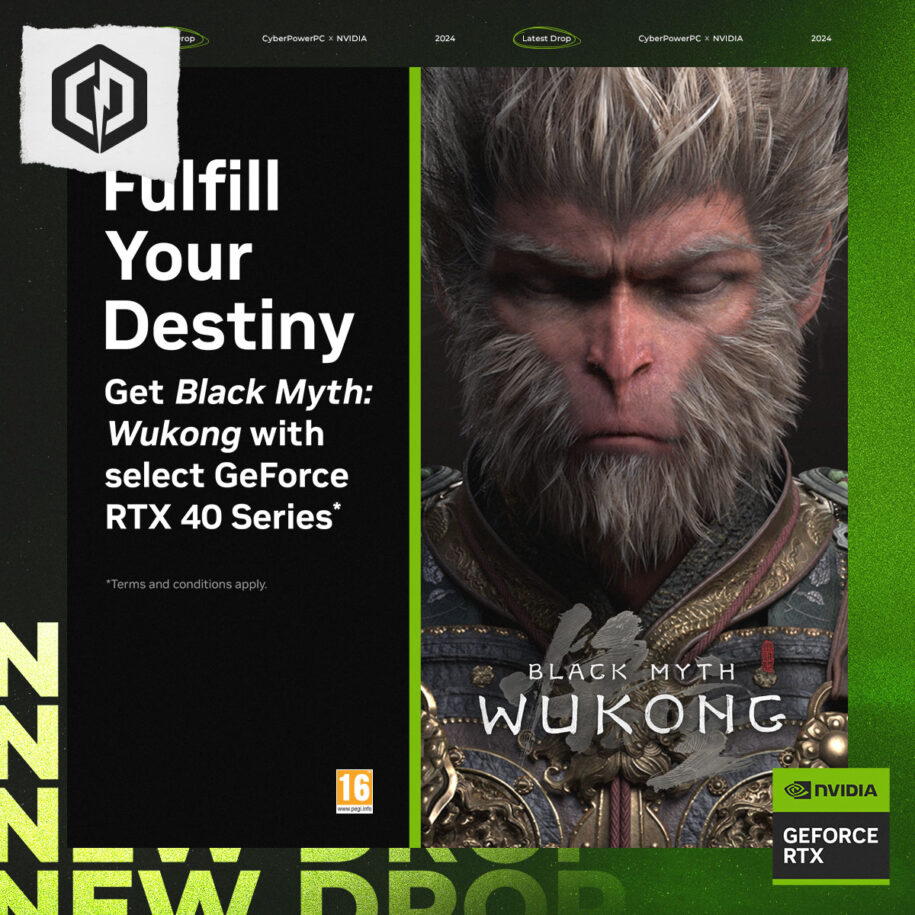 Image of monkey king Sung Woo Kong for the upcoming action game Black Myth Wukong. 

Image text reads "Fufill Your Desting - Get Black Myth: Wukong with select GeForce RTX 40 Series