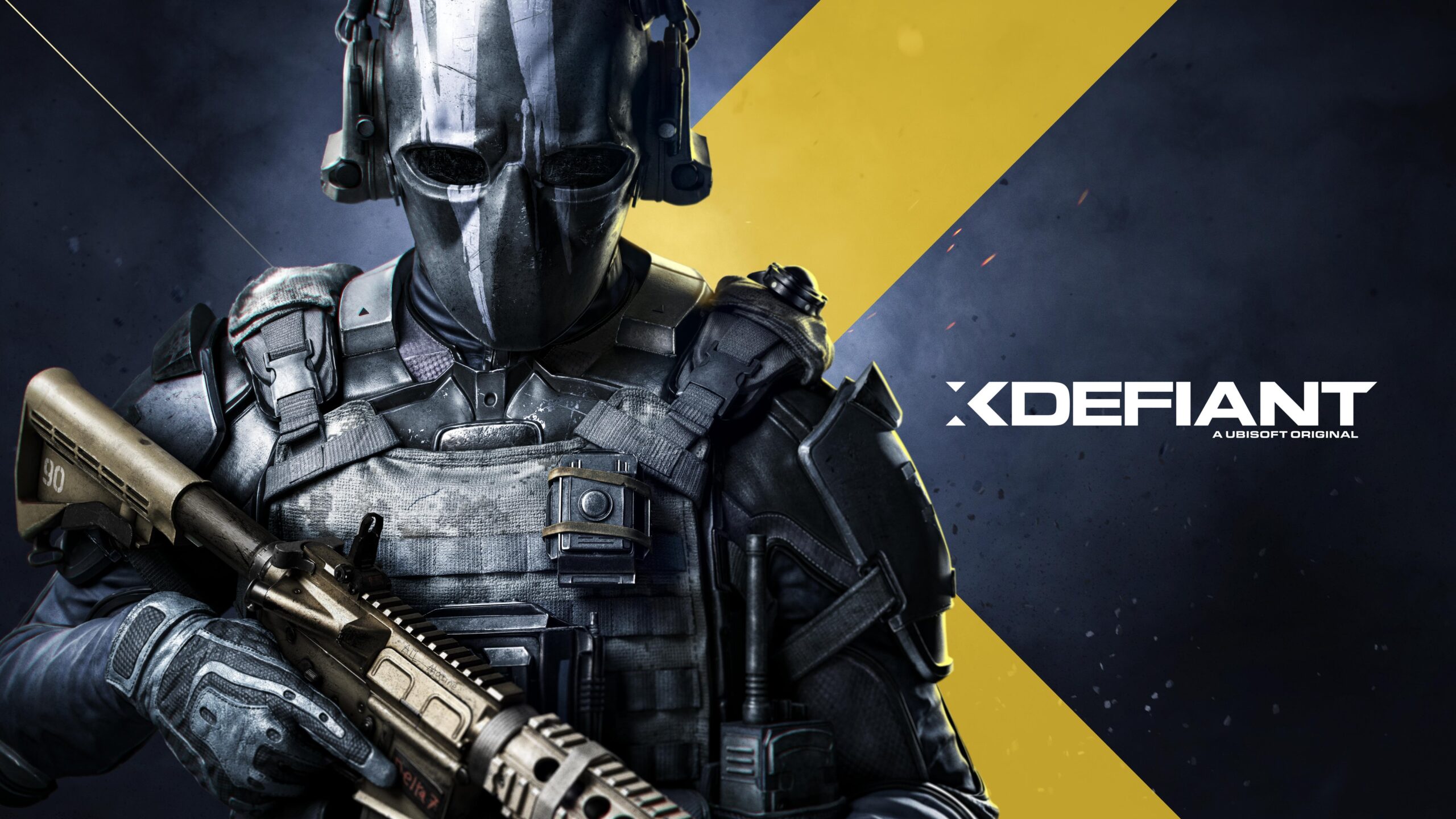 Army man in black armor with a mask on next to the Xdefiant logo that reads "XDefiant: A Ubisoft Original