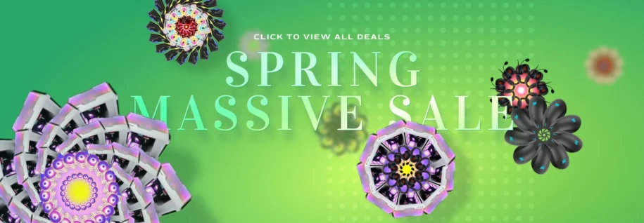 Green banner that reads "Spring Massive Sale", On top of the green background is gaming PCs arranged in repeating circles so that they look like flowers.